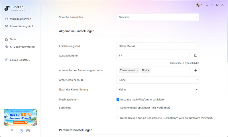 Allgemeine Einstellungen von TuneFab