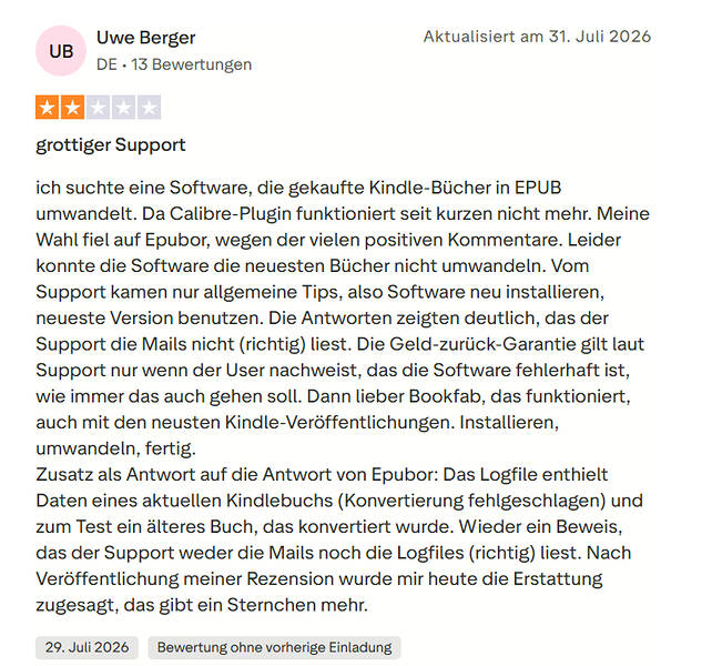 Negative Bewertungen für Epubor