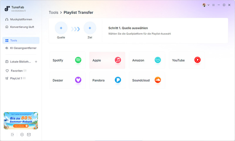 Die Hauptseite von Playlist Transfer