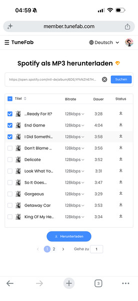 Songs zum Herunterladen auswählen